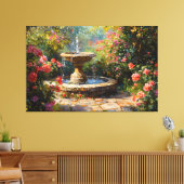 Tuin met bloeiende Rozen en waterfontein Canvas Afdruk (Insitu (Woonkamer))