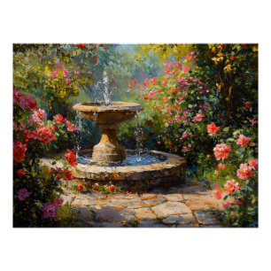 Tuin met bloeiende Rozen en waterfontein Perfect Poster