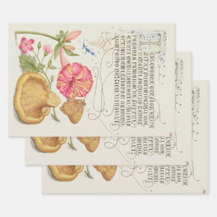 Tuin met bloemen, vlinder en paddestoel inpakpapier vel