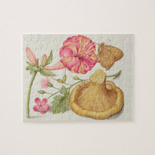 Tuin met bloemen, vlinder en paddestoel legpuzzel