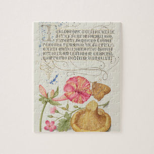 Tuin met bloemen, vlinder en paddestoel legpuzzel