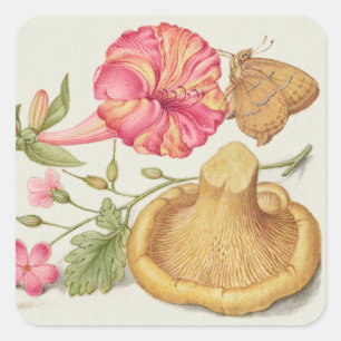 Tuin met bloemen, vlinder en paddestoel vierkante sticker