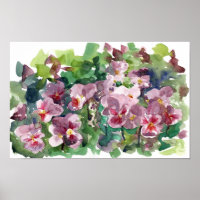 Tuin met driekleurige viooltjes bordeauxrood aquar