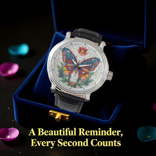 Tuin met juwelen Glas-in-lood Vlinder Bloemig Horloge