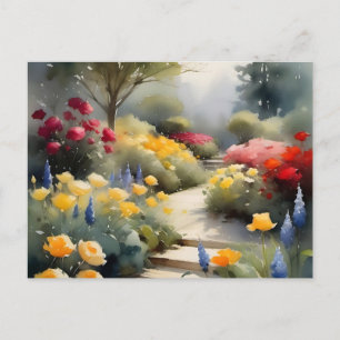 tuin met rode gele rozen blauwe bloemen briefkaart