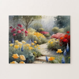 tuin met rode gele rozen blauwe bloemen legpuzzel