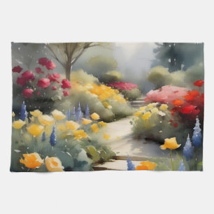  tuin met rode gele rozen blauwe bloemen theedoek