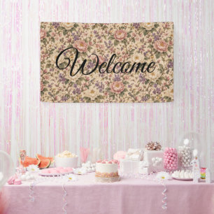Tuin met vintage botanische rozen en vlinderpatroo spandoek