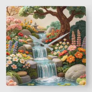 Tuin met waterval in geborduurde stijl vierkante klok