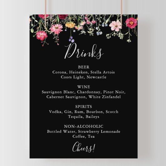Tuin Multicolor Wildflower Wedding Drinken Menu Poster