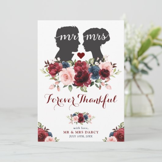 Tuin Navy Maroon Rozen Mr. Mrs Silhouette Bedankkaart (Staand voorkant)