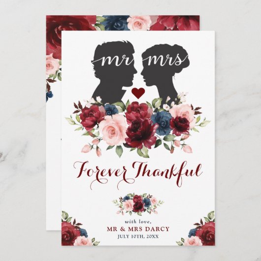  Tuin Navy Maroon Rozen Mr. Mrs Silhouette Bedankkaart (Voorkant / Achterkant)