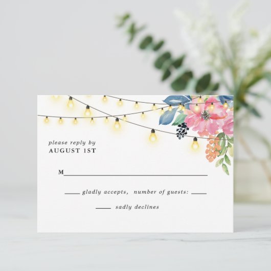 Tuin Party Bloemen & Twinkle Lights Blauw Huwelijk RSVP Kaartje (Staand voorkant)