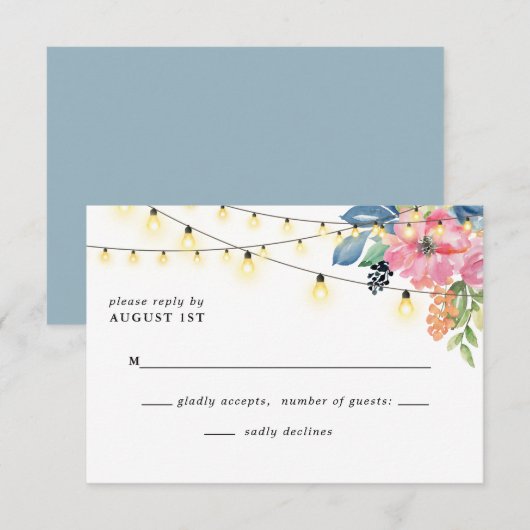 Tuin Party Bloemen & Twinkle Lights Blauw Huwelijk RSVP Kaartje (Voorkant / Achterkant)
