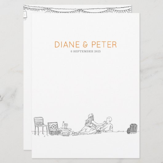 Tuin Picknick Minimalistische Zwart-Wit Bruiloft Menu (Voorkant / Achterkant)