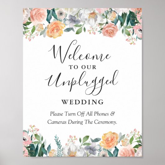 Tuin Roos Bloemen Unplugged Wedding Ceremony Sign Poster (Voorkant)