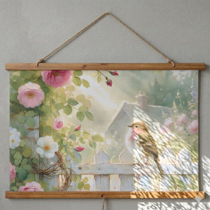 Tuin Roos Vogel Aquarel Scene Hangend Wandkleed