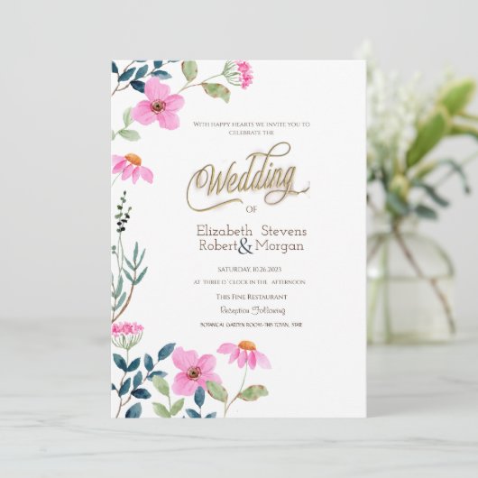 Tuin Roze Bloemen Bruiloft Kaart (Staand voorkant)