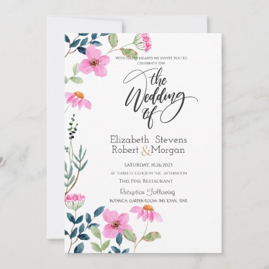 Tuin roze bloemen bruiloft uitnodiging (Voorkant)