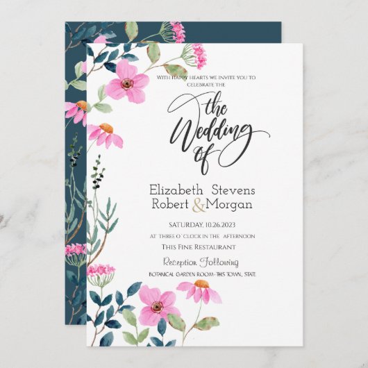 Tuin roze bloemen bruiloft uitnodiging (Voorkant / Achterkant)