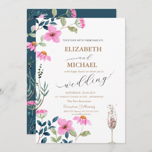 Tuin Roze Bloemen Champagne Glas Bruiloft Kaart (Voorkant / Achterkant)