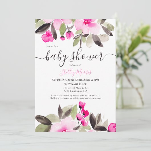 Tuin  roze bloemige waterverf baby shower kaart (Staand voorkant)