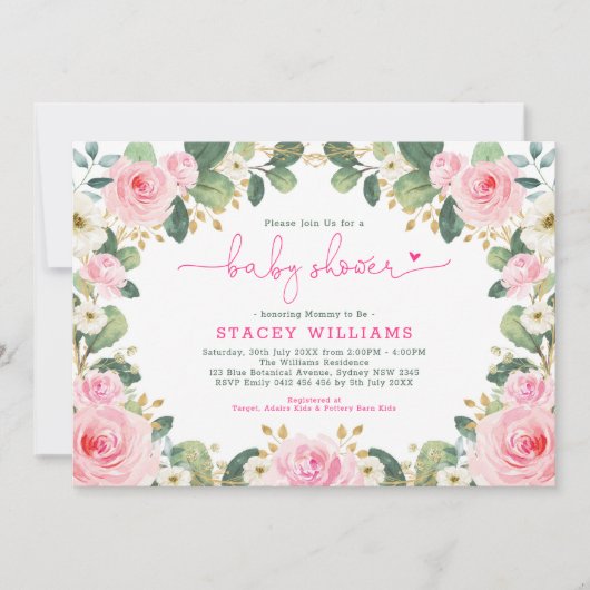 Tuin Rozen Hot Pink Floral Greenery Baby shower Kaart (Voorkant)