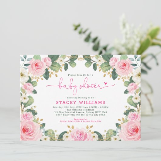 Tuin Rozen Hot Pink Floral Greenery Baby shower Kaart (Staand voorkant)