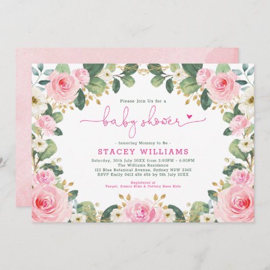 Tuin Rozen Hot Pink Floral Greenery Baby shower Kaart (Voorkant / Achterkant)