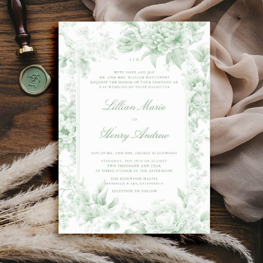  Tuin Sage Green Toile Classic Wedding Kaart