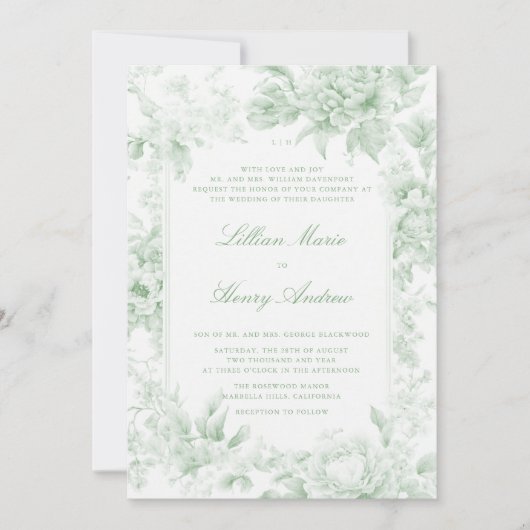  Tuin Sage Green Toile Classic Wedding Kaart (Voorkant)