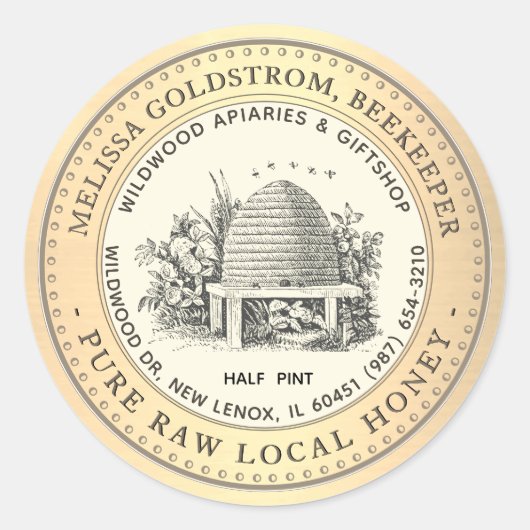 Tuin Skep Honing Label Gouden Rand Bijen (Voorkant)