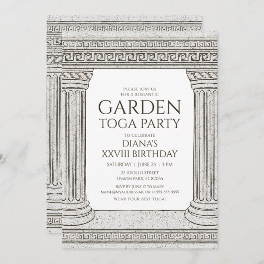 Tuin Toga Verjaardagsfeest Uitnodiging met zuilen (Voorkant / Achterkant)