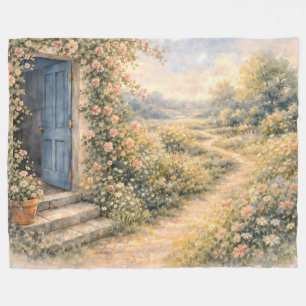 Tuin van een cottage Blauwe deur Bloemendecor scèn Fleece Deken