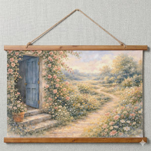 Tuin van een cottage Blauwe deur bloemenpad scène Hangend Wandkleed