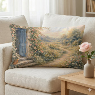 Tuin van een cottage Blauwe deur bloemenpad scène Kussen