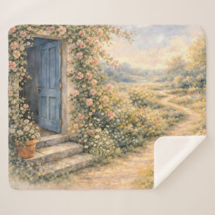 Tuin van een cottage Blauwe deur Bloemenpad scène Sherpa Deken