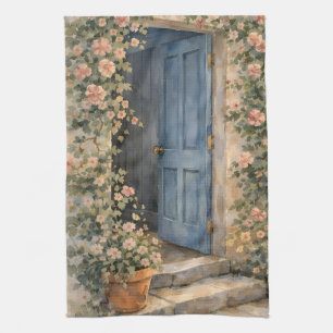 Tuin van een cottage Blauwe deur Bloemenpad scène Theedoek