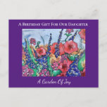 Tuin van Joy Lavender Daughter Birthday Briefkaart<br><div class="desc">Geef je dochter een tuin van vreugde op een briefkaart voor de perfecte verjaardagswens. Bloemliefhebbers en tuinbouwers zullen genieten van het mooie schilderij in de waterverf met levendige rode, blauwe, paarse en groene abstracte kleuren. De kaart is stijlvol en modern, een vrolijk gezicht van papavers, wilde rozen en lavendel die...</div>