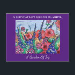 Tuin van Joy Lavender Daughter Birthday Briefkaart<br><div class="desc">Geef je dochter een tuin van vreugde op een briefkaart voor de perfecte verjaardagswens. Bloemliefhebbers en tuinbouwers zullen genieten van het mooie schilderij in de waterverf met levendige rode, blauwe, paarse en groene abstracte kleuren. De kaart is stijlvol en modern, een vrolijk gezicht van papavers, wilde rozen en lavendel die...</div>