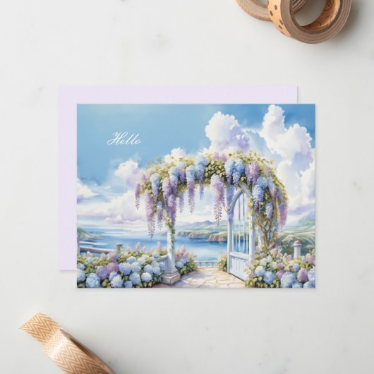 Tuin van Wisteria Waterverf AI kunstwerk Notitiekaartje (Voorkant / Achterkant in situ)