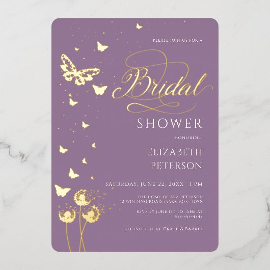 Tuin Vlinder Wildbloemen Lila Vrijgezellenfeest Folie Uitnodiging (Voorkant)
