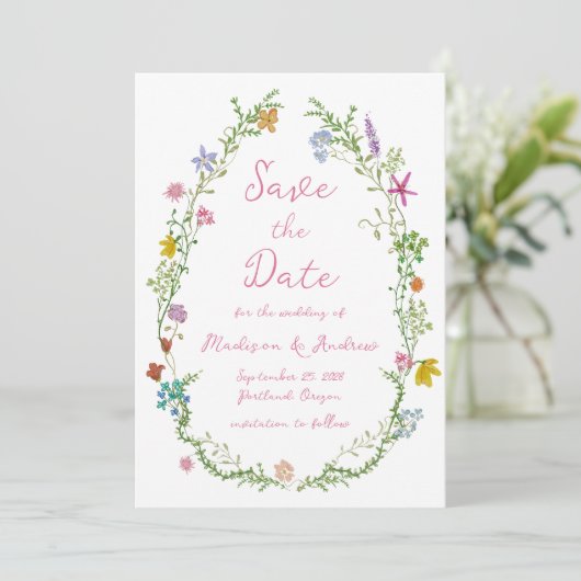 Tuin vol Wilde Bloemen Bruiloft Save The Date (Staand voorkant)