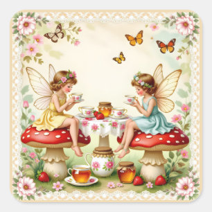 Tuin voor vintage bloemenkabouterpicknick vierkante sticker