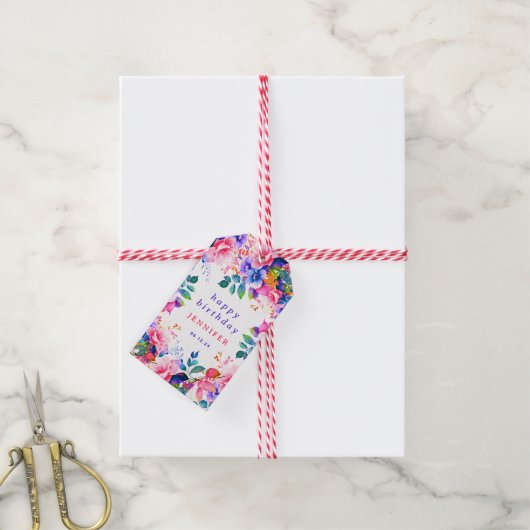 Tuin Waterverf Bloemen elke leeftijd Happy Birthda Cadeaulabel (Met Touw)