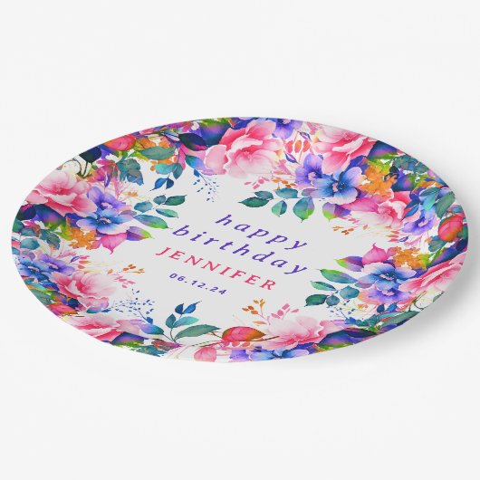 Tuin Waterverf Bloemen elke leeftijd Happy Birthda Papieren Bordje (Gekanteld)