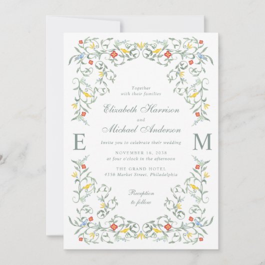 Tuin Waterverf Monogram QR Code Huwelijk Kaart (Voorkant)