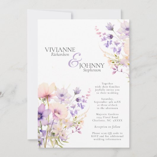 Tuin Wildbloemen Lavendel Bruiloft QR code Kaart (Voorkant)