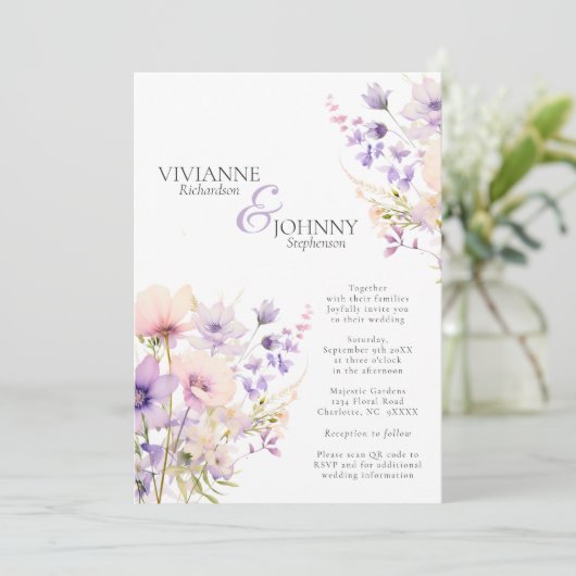Tuin Wildbloemen Lavendel Bruiloft QR code Kaart (Staand voorkant)