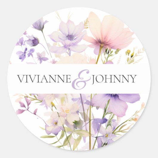 Tuin Wildbloemen Paarse Lavendel Paarse bruiloft Ronde Sticker (Voorkant)